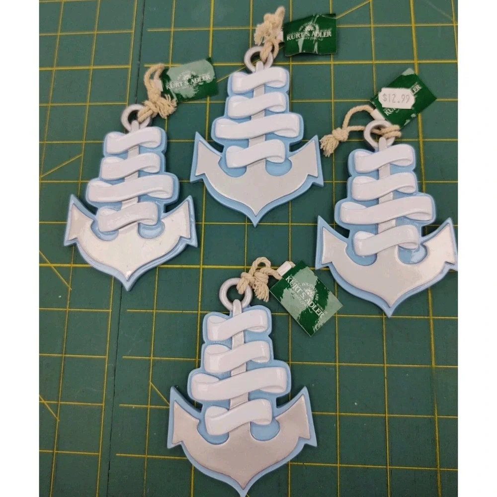 NEW Kurt S. Adler Resin Blue Anchor Christmas Ornaments Coastal‎ Beach Set of 4